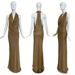 DONNA KARAN 2009 Vintage Gold Draped Cowl Neck Evening Gown maxi dress